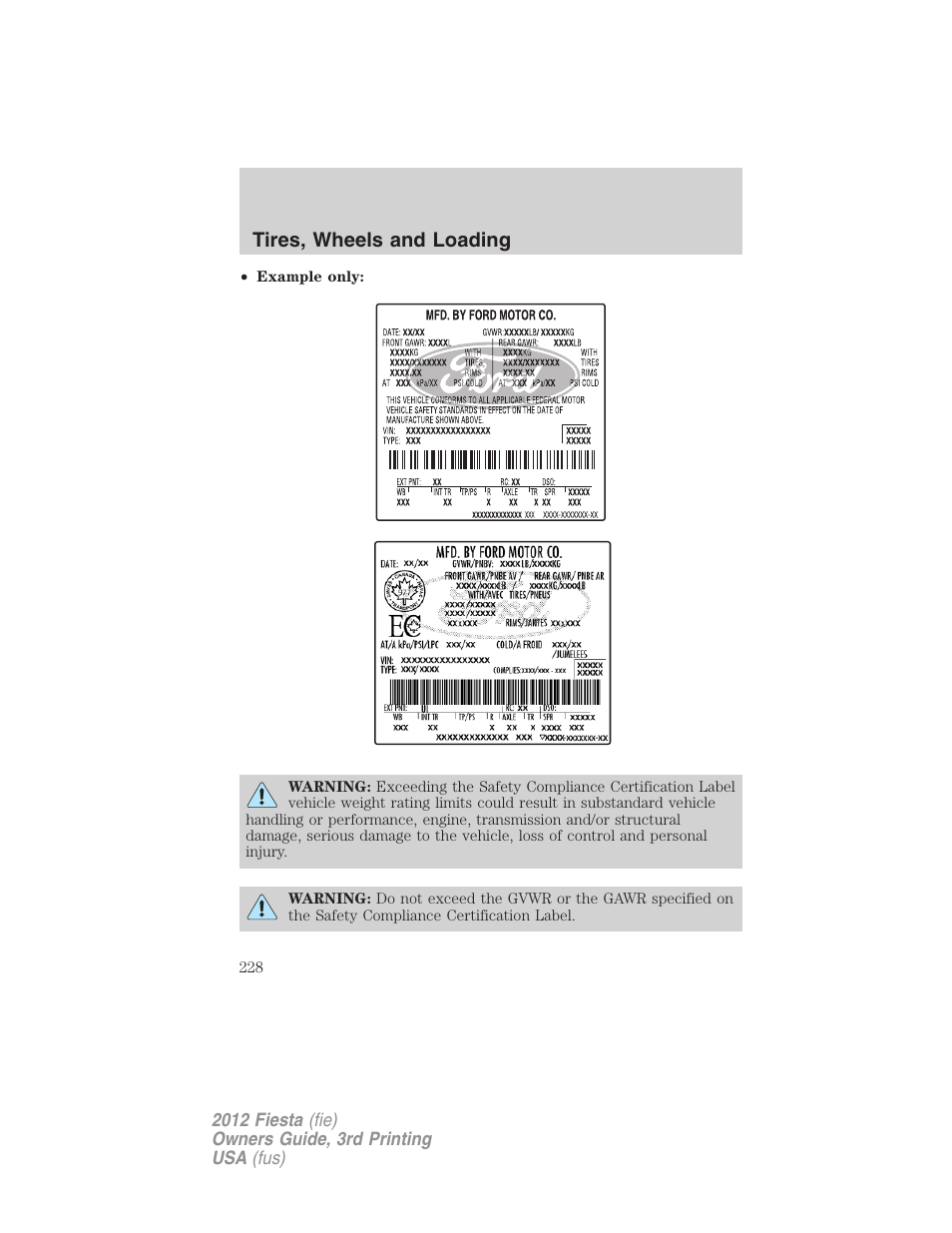 Tires, wheels and loading | FORD 2012 Fiesta v.3 User Manual | Page 228 / 360