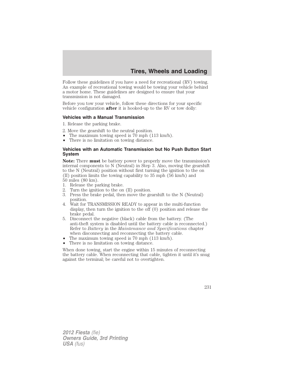 Vehicles with a manual transmission, Tires, wheels and loading | FORD 2012 Fiesta v.3 User Manual | Page 231 / 360