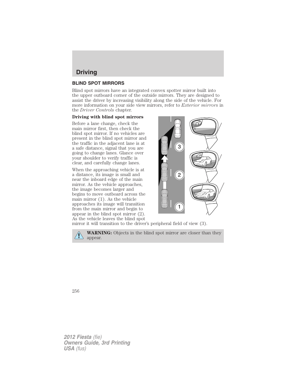 Blind spot mirrors, Driving | FORD 2012 Fiesta v.3 User Manual | Page 256 / 360