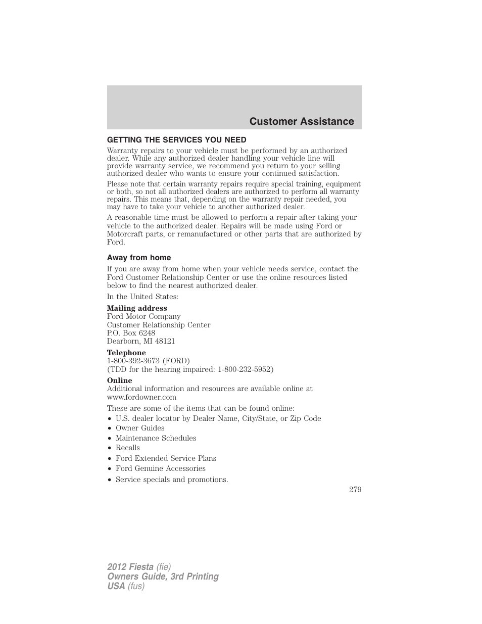Customer assistance, Getting the services you need, Away from home | FORD 2012 Fiesta v.3 User Manual | Page 279 / 360