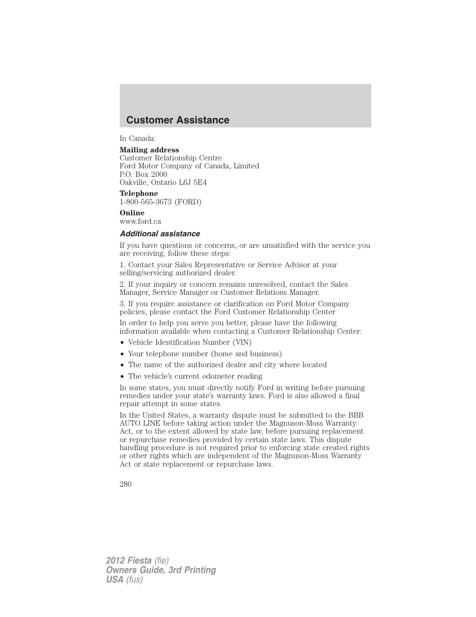 Additional assistance, Customer assistance | FORD 2012 Fiesta v.3 User Manual | Page 280 / 360