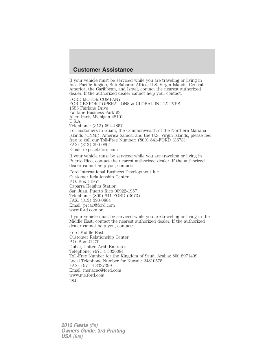 Customer assistance | FORD 2012 Fiesta v.3 User Manual | Page 284 / 360