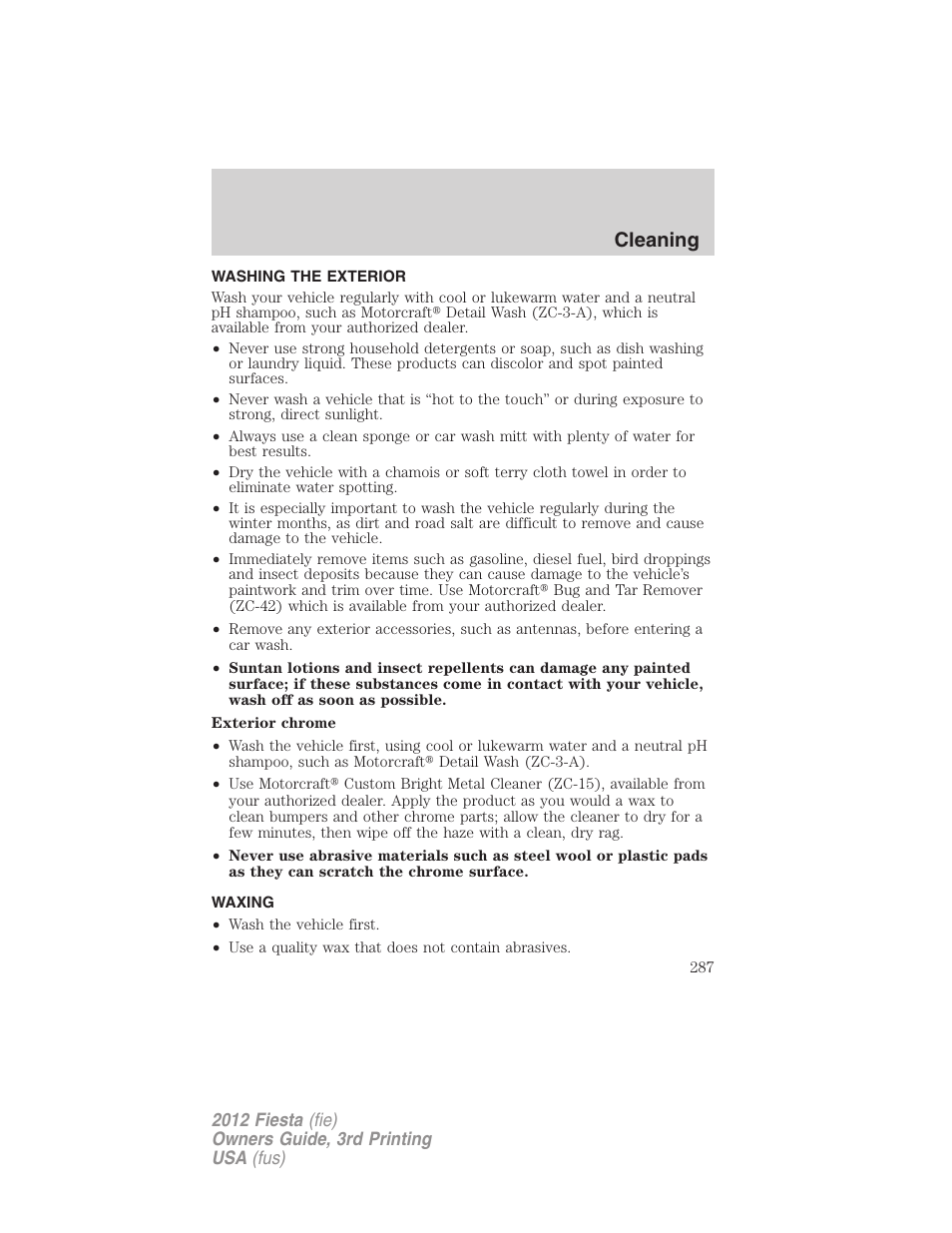 Cleaning, Washing the exterior, Waxing | FORD 2012 Fiesta v.3 User Manual | Page 287 / 360