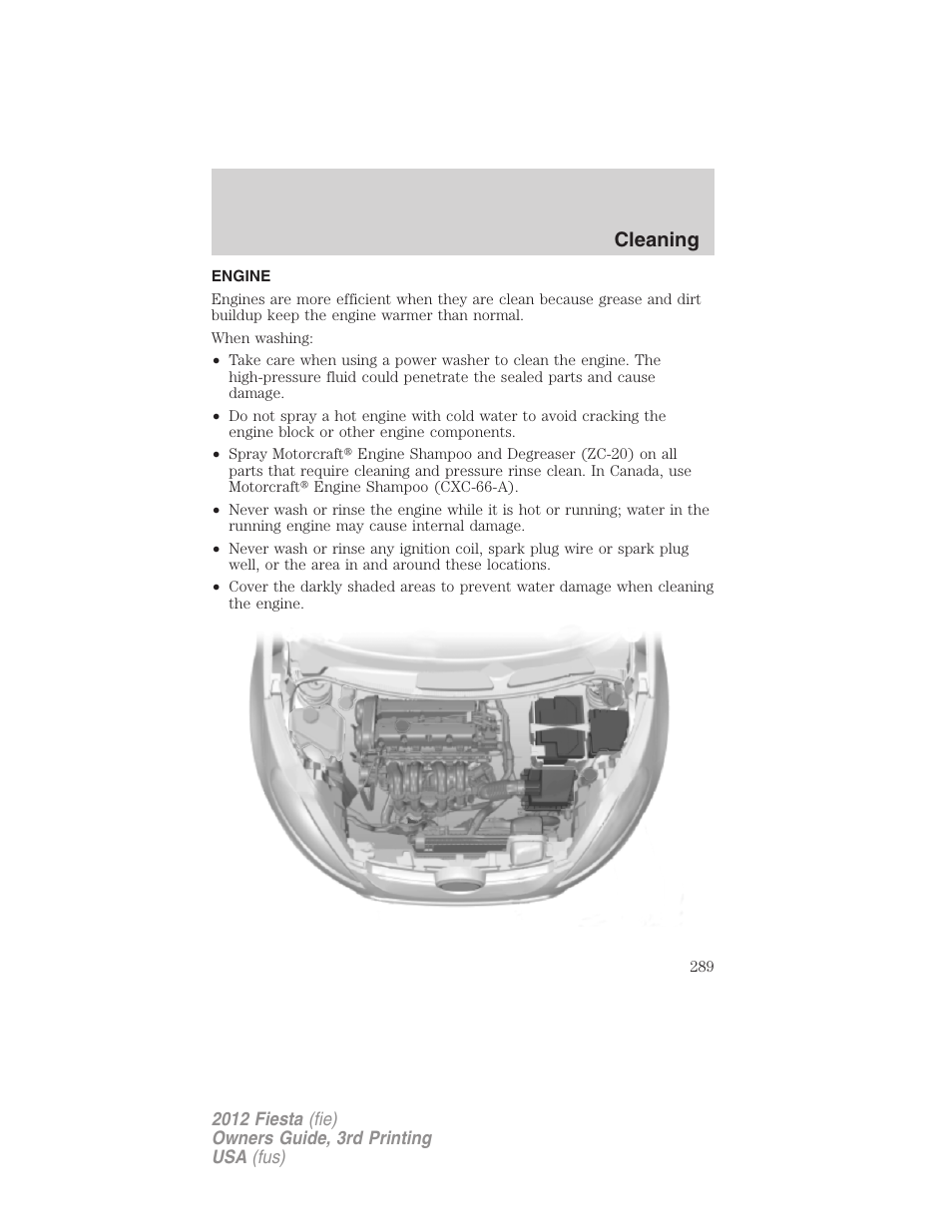 Engine, Cleaning | FORD 2012 Fiesta v.3 User Manual | Page 289 / 360