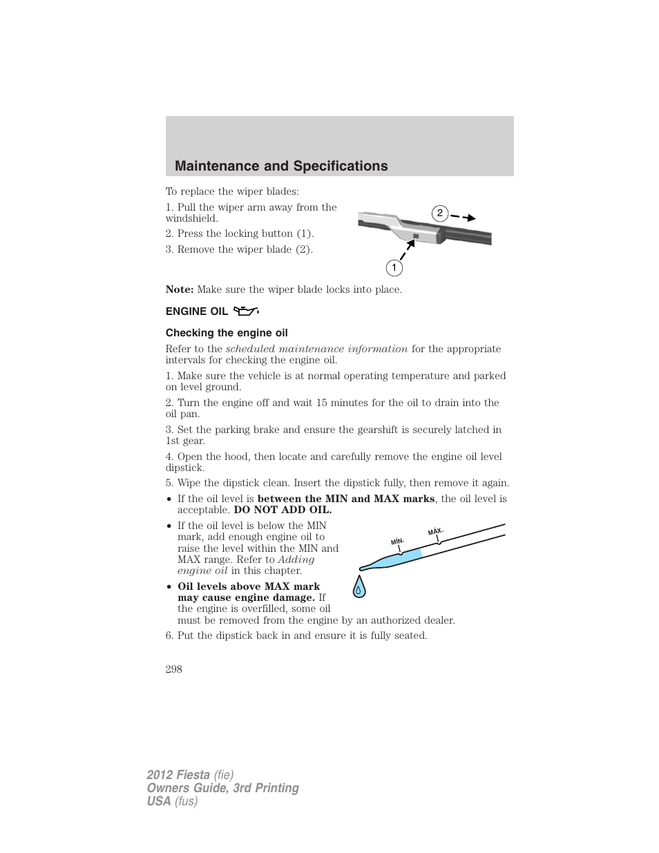 Engine oil, Checking the engine oil, Maintenance and specifications | FORD 2012 Fiesta v.3 User Manual | Page 298 / 360