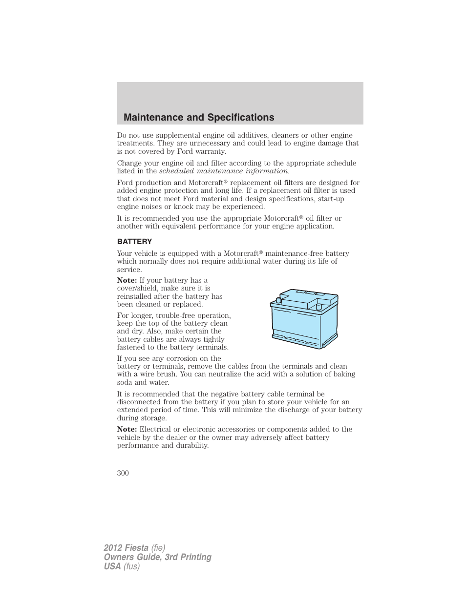 Battery, Maintenance and specifications | FORD 2012 Fiesta v.3 User Manual | Page 300 / 360