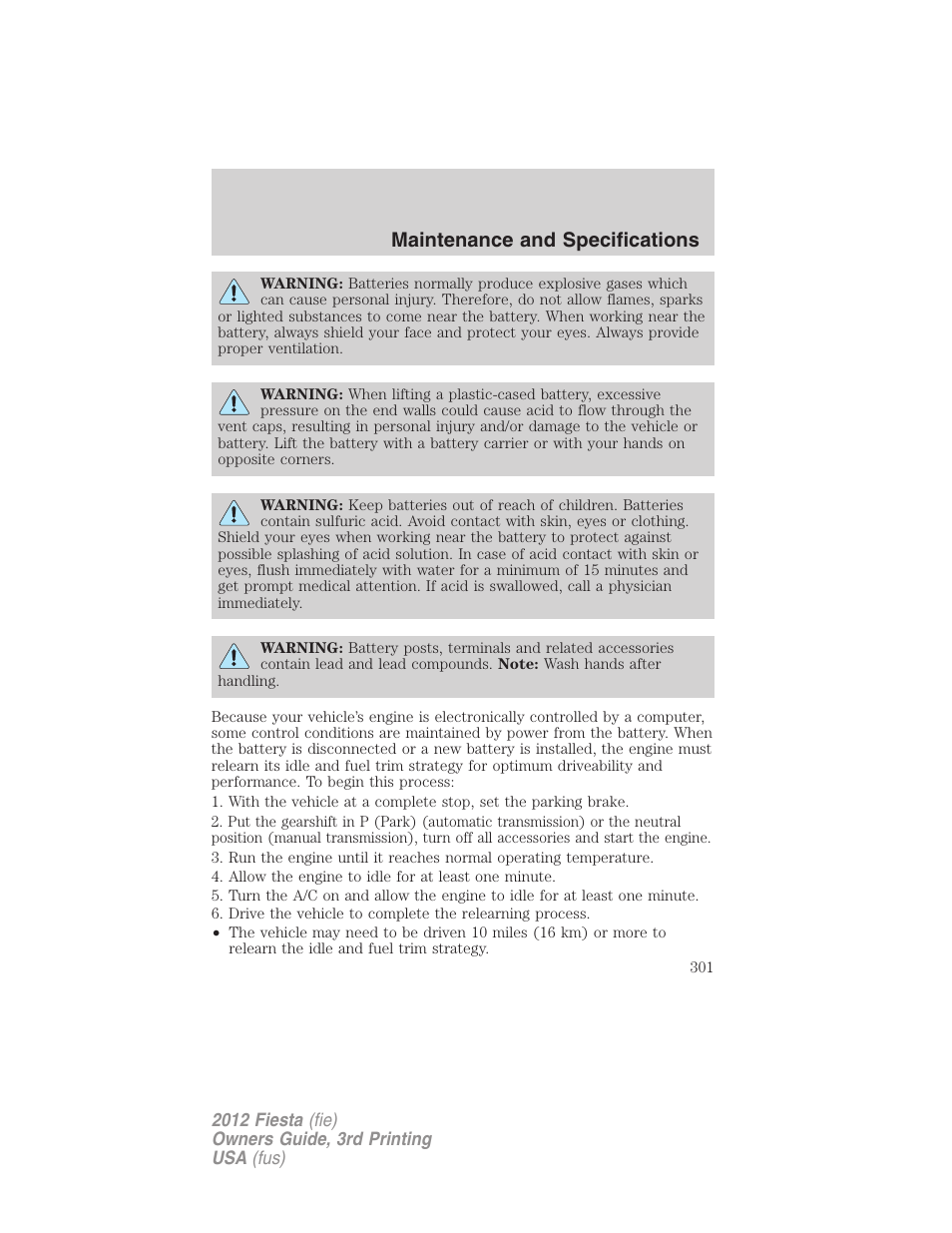 Maintenance and specifications | FORD 2012 Fiesta v.3 User Manual | Page 301 / 360