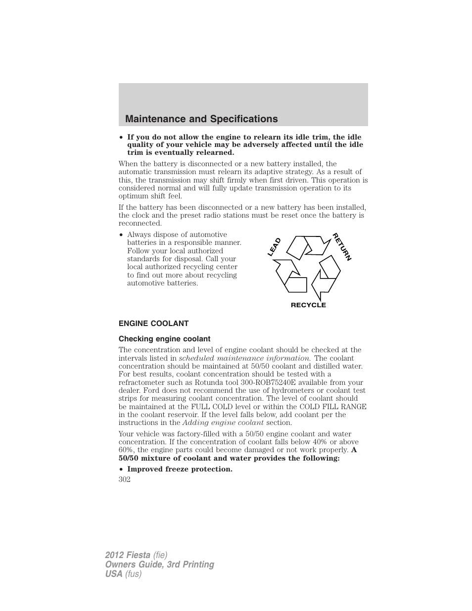 Engine coolant, Checking engine coolant, Maintenance and specifications | FORD 2012 Fiesta v.3 User Manual | Page 302 / 360