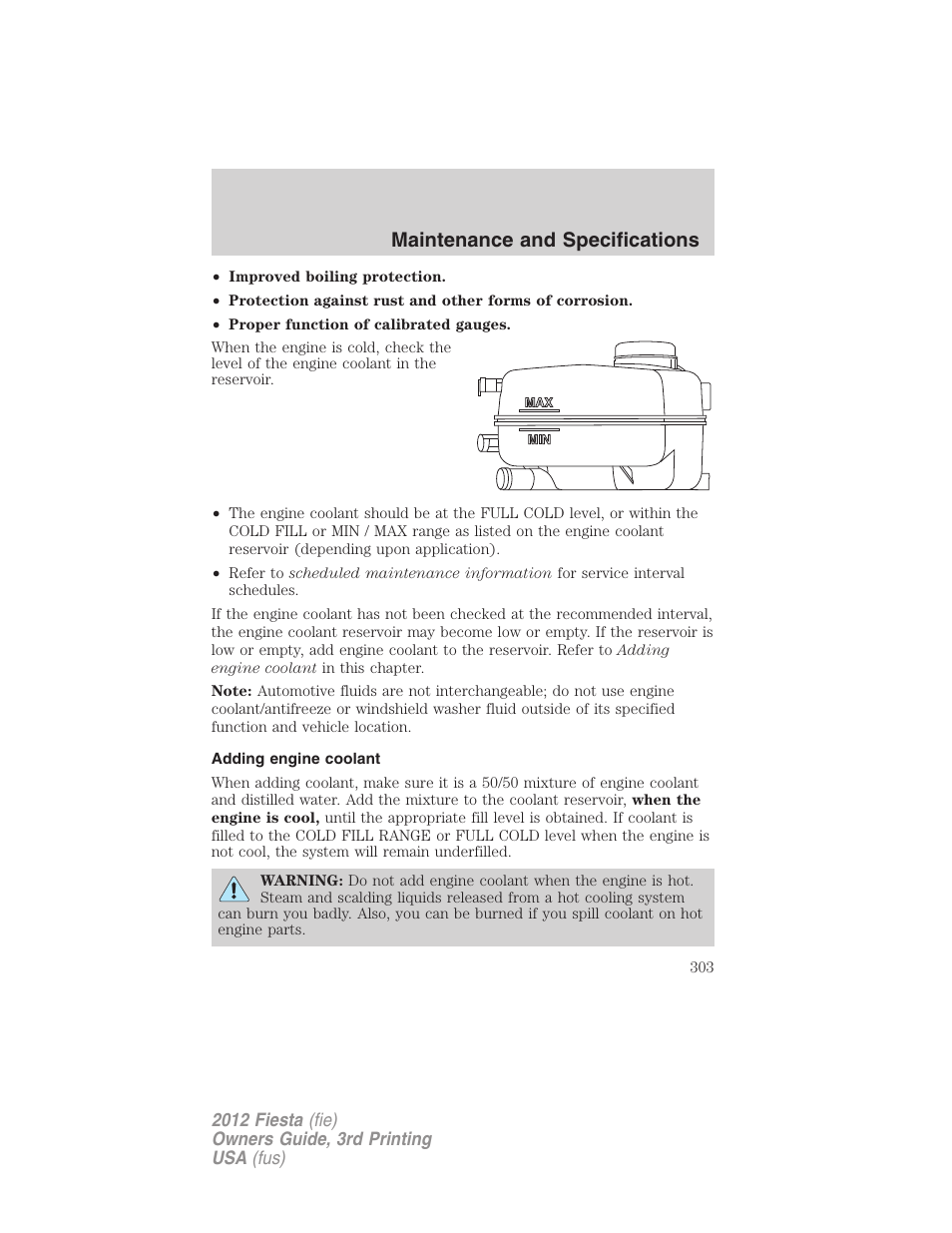 Adding engine coolant, Maintenance and specifications | FORD 2012 Fiesta v.3 User Manual | Page 303 / 360