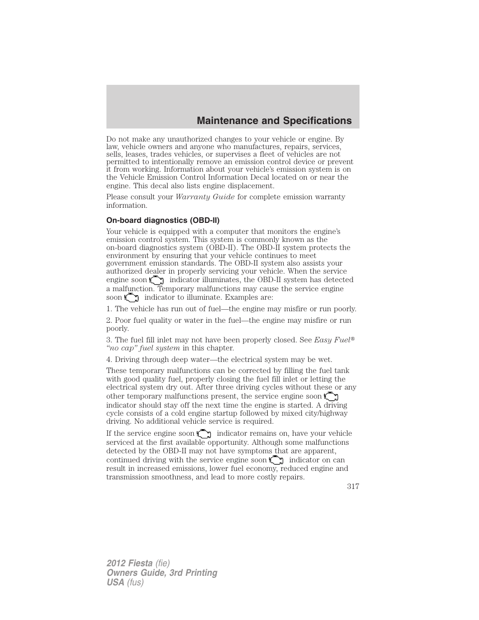 On-board diagnostics (obd-ii), Maintenance and specifications | FORD 2012 Fiesta v.3 User Manual | Page 317 / 360