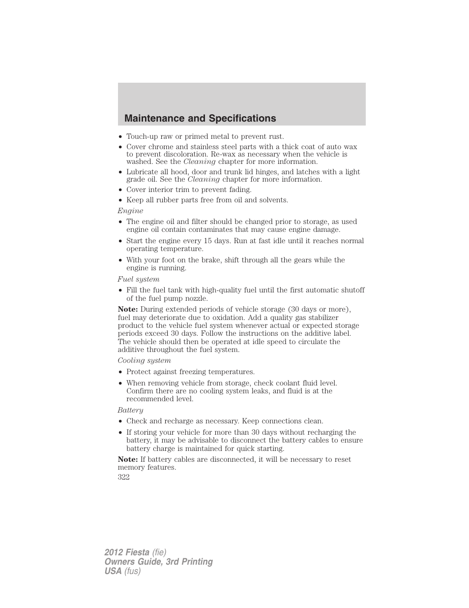 Maintenance and specifications | FORD 2012 Fiesta v.3 User Manual | Page 322 / 360