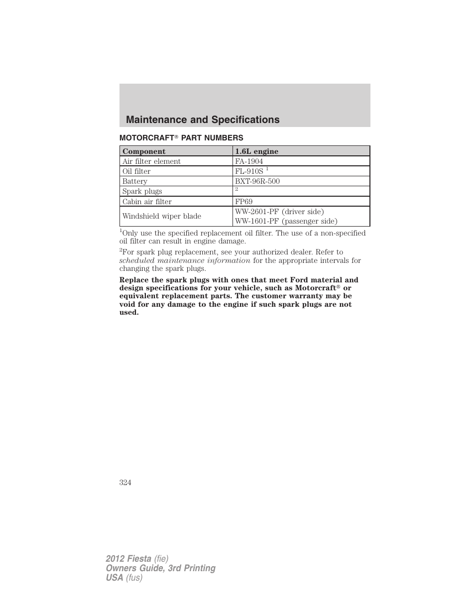 Motorcraft? part numbers, Part numbers, Maintenance and specifications | FORD 2012 Fiesta v.3 User Manual | Page 324 / 360