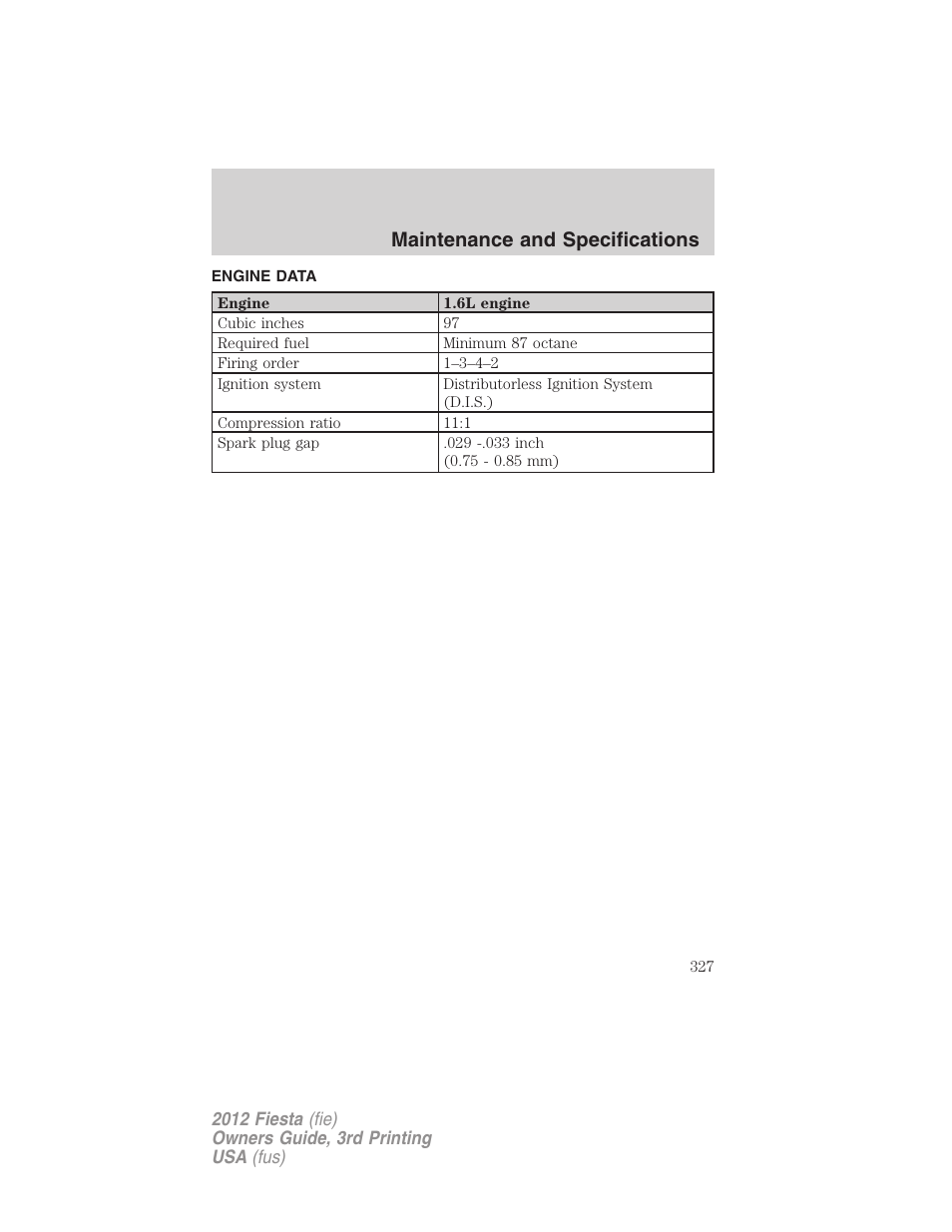 Engine data, Maintenance and specifications | FORD 2012 Fiesta v.3 User Manual | Page 327 / 360