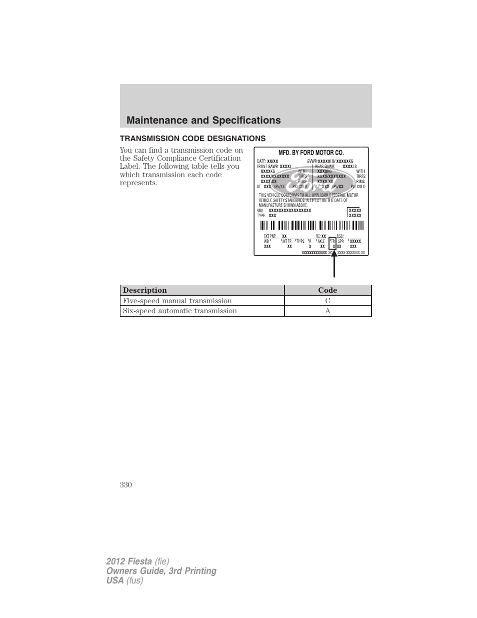 Transmission code designations, Maintenance and specifications | FORD 2012 Fiesta v.3 User Manual | Page 330 / 360