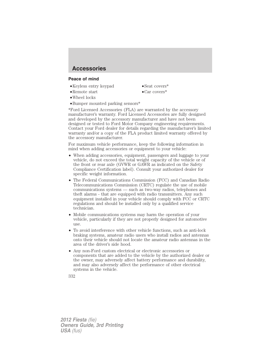 Peace of mind, Accessories | FORD 2012 Fiesta v.3 User Manual | Page 332 / 360