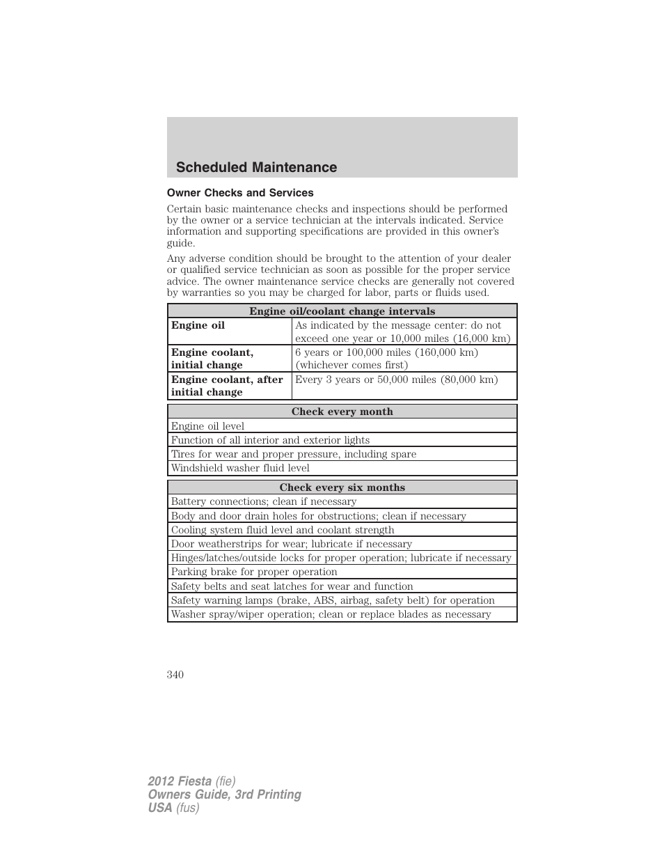 Owner checks and services, Scheduled maintenance | FORD 2012 Fiesta v.3 User Manual | Page 340 / 360
