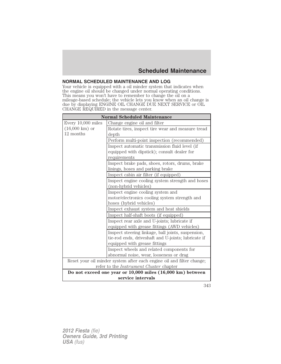 Normal scheduled maintenance and log, Scheduled maintenance | FORD 2012 Fiesta v.3 User Manual | Page 343 / 360