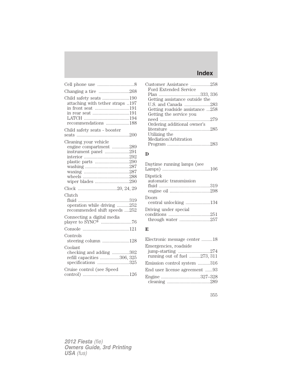 Index | FORD 2012 Fiesta v.3 User Manual | Page 355 / 360