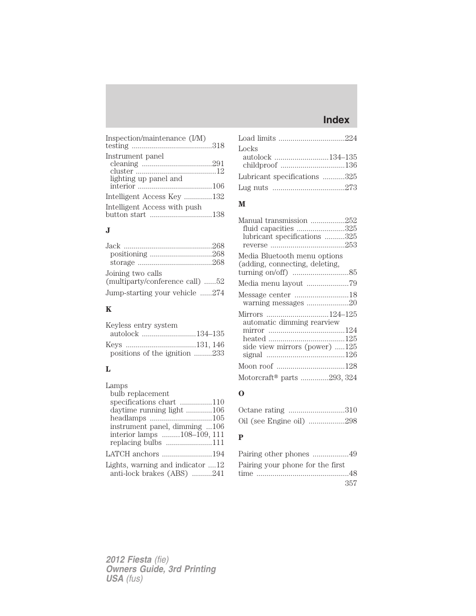 Index | FORD 2012 Fiesta v.3 User Manual | Page 357 / 360