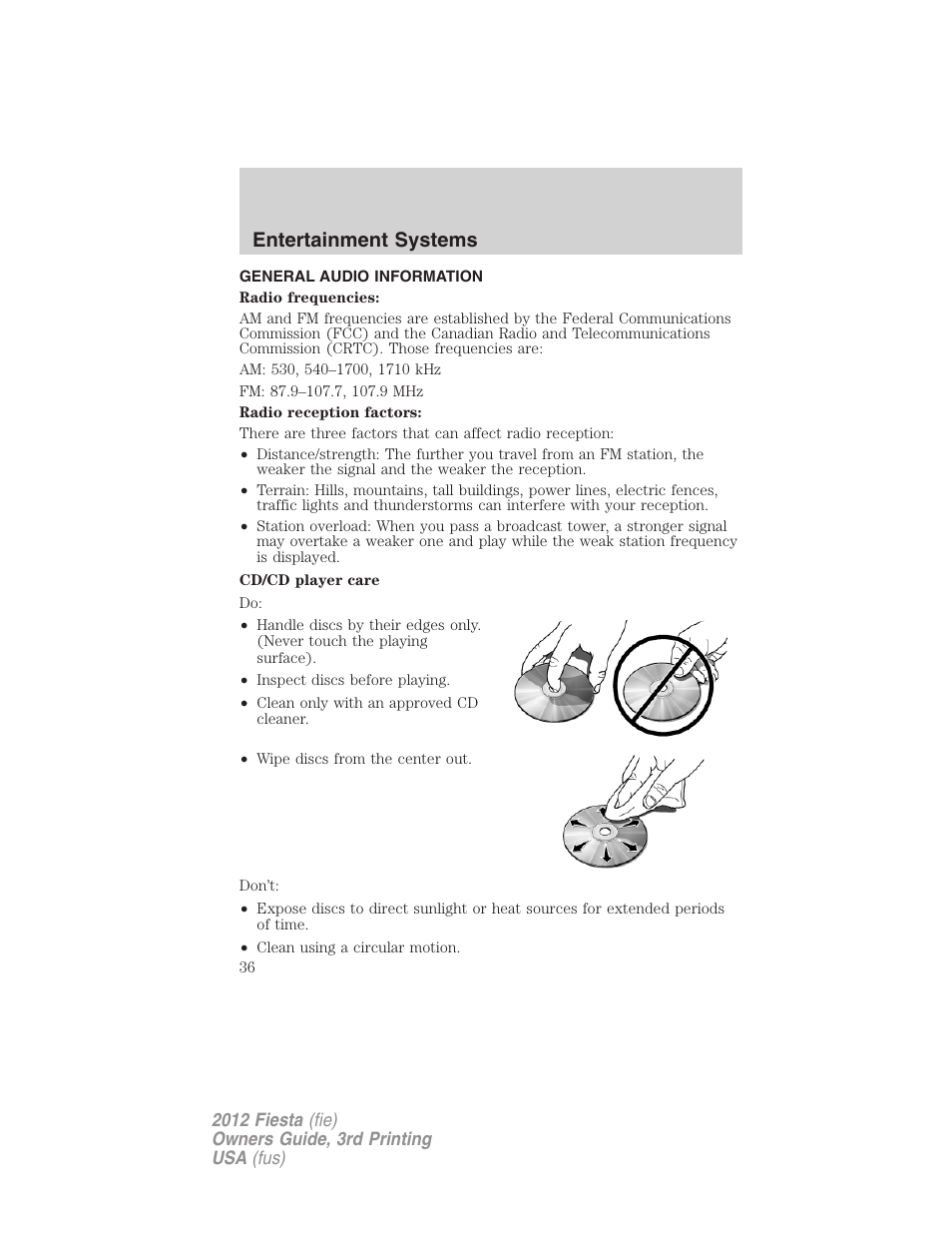 General audio information, Entertainment systems | FORD 2012 Fiesta v.3 User Manual | Page 36 / 360