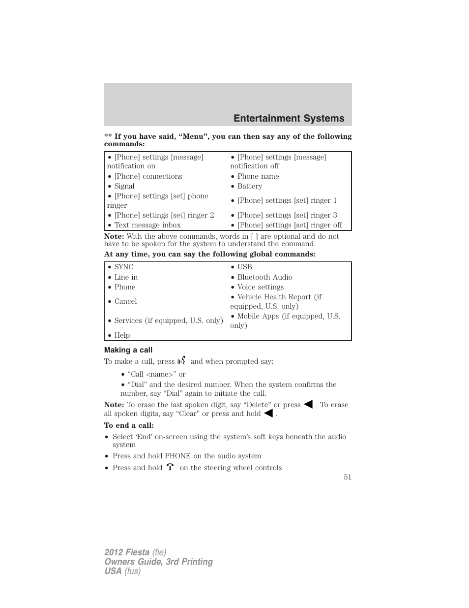 Making a call, Entertainment systems | FORD 2012 Fiesta v.3 User Manual | Page 51 / 360