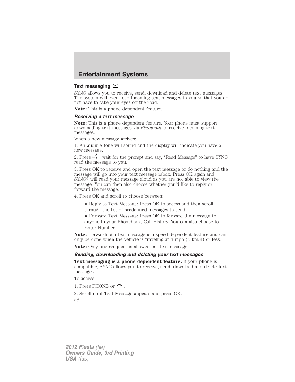 Text messaging, Receiving a text message, Entertainment systems | FORD 2012 Fiesta v.3 User Manual | Page 58 / 360