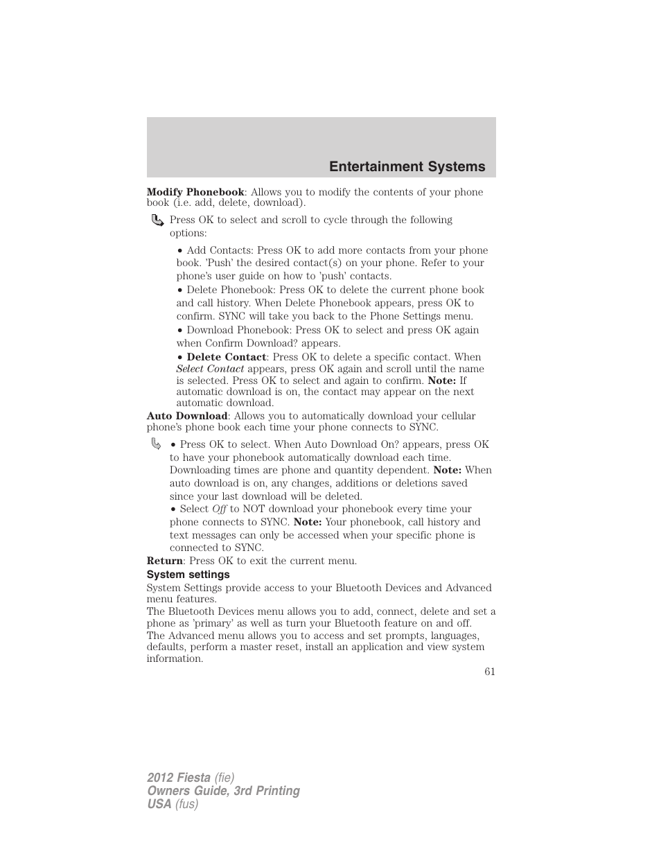 System settings, Entertainment systems | FORD 2012 Fiesta v.3 User Manual | Page 61 / 360