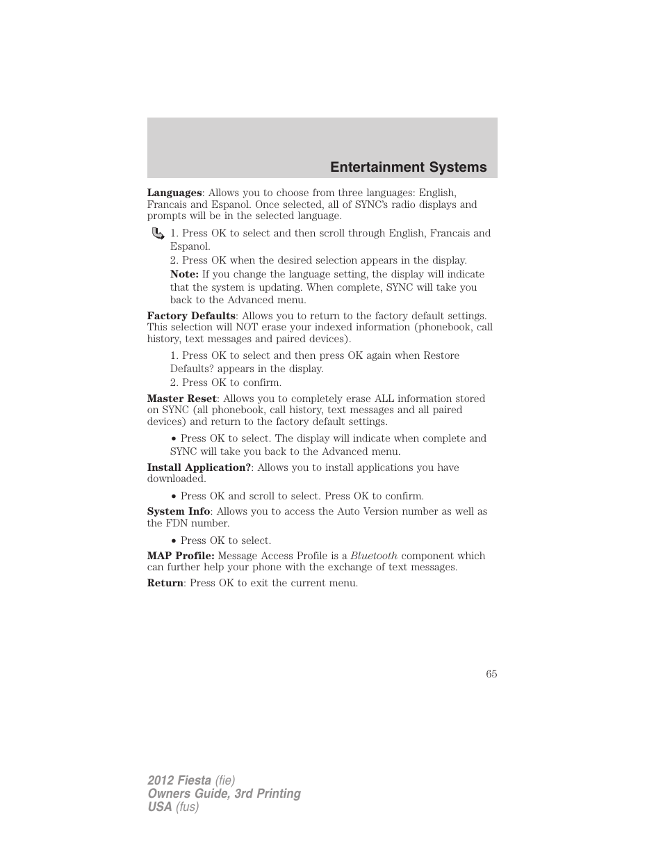 Entertainment systems | FORD 2012 Fiesta v.3 User Manual | Page 65 / 360