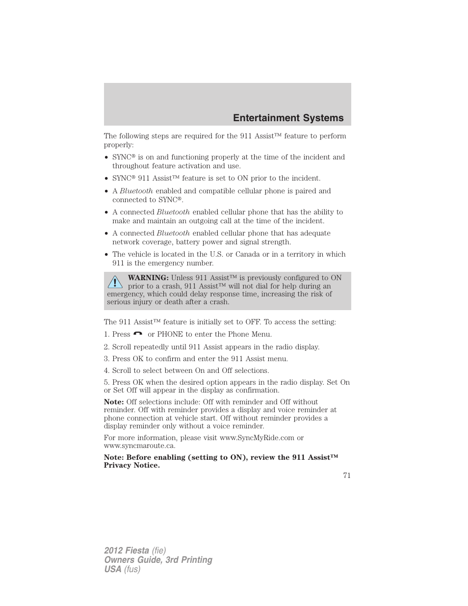 Entertainment systems | FORD 2012 Fiesta v.3 User Manual | Page 71 / 360