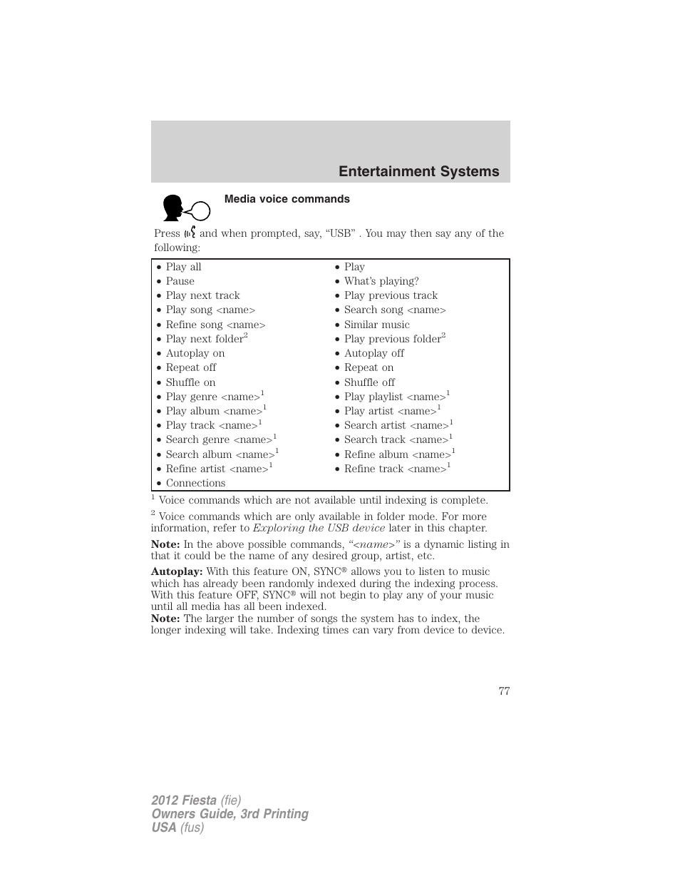 Media voice commands, Entertainment systems | FORD 2012 Fiesta v.3 User Manual | Page 77 / 360