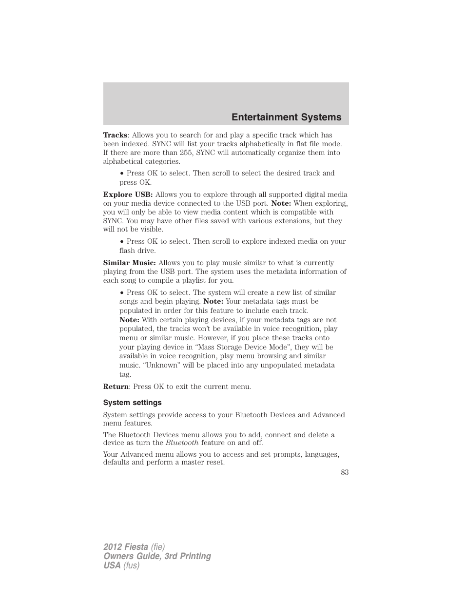 System settings, Entertainment systems | FORD 2012 Fiesta v.3 User Manual | Page 83 / 360