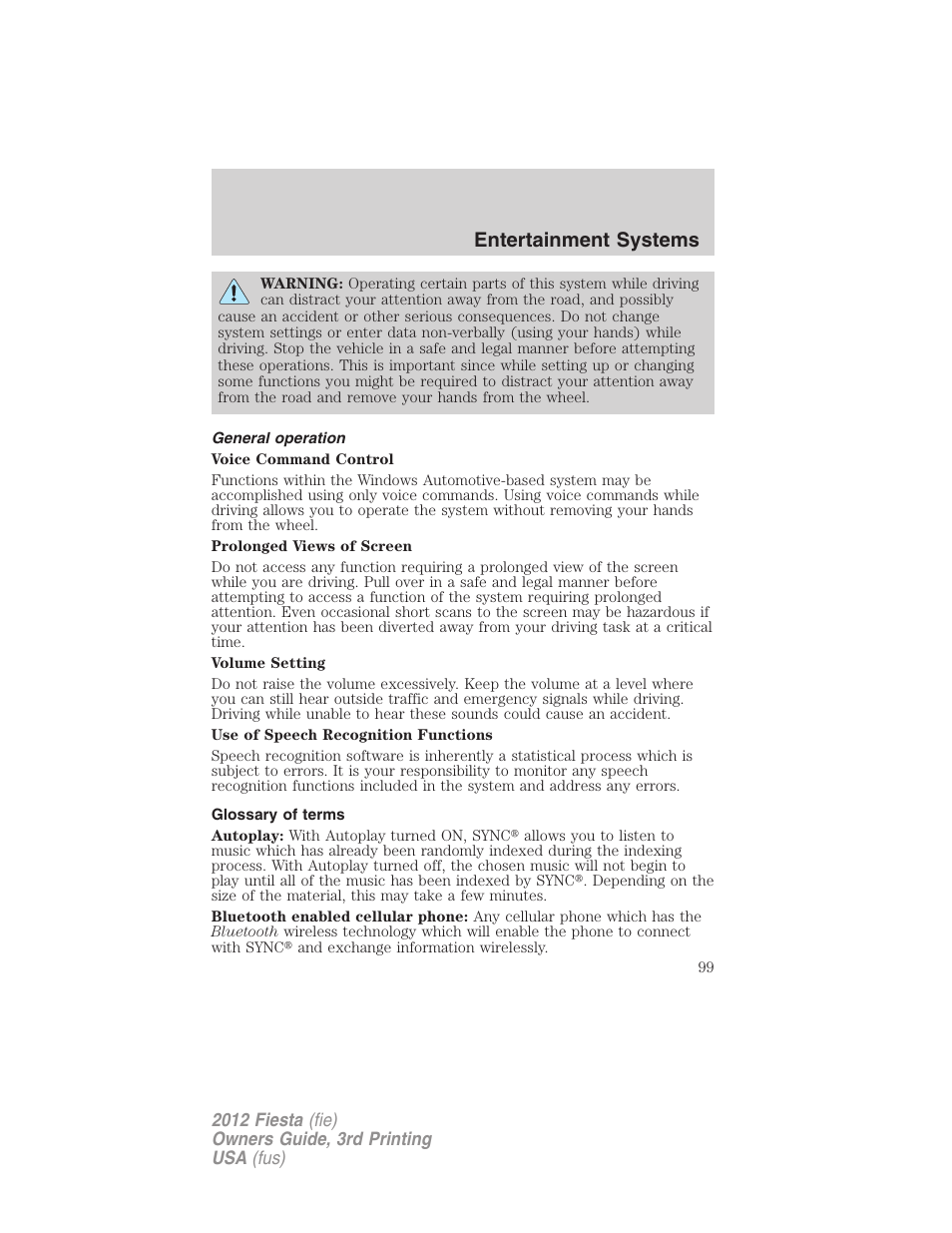 General operation, Glossary of terms, Entertainment systems | FORD 2012 Fiesta v.3 User Manual | Page 99 / 360