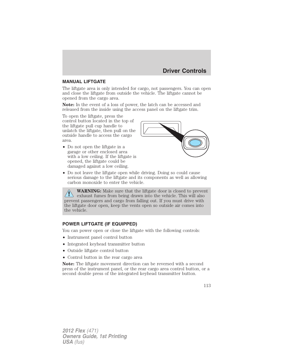 Manual liftgate, Power liftgate (if equipped), Driver controls | FORD 2012 Flex v.1 User Manual | Page 113 / 405