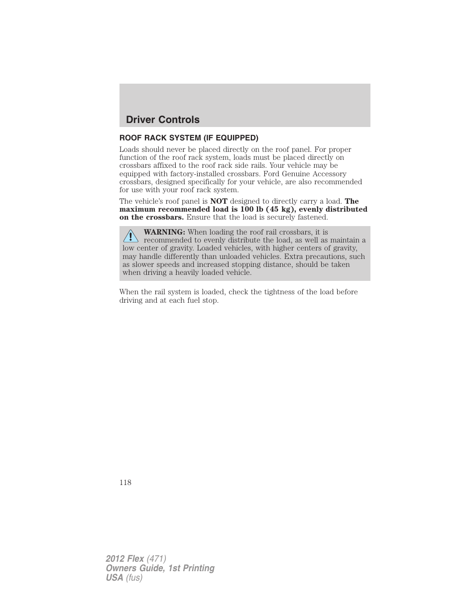 Roof rack system (if equipped), Driver controls | FORD 2012 Flex v.1 User Manual | Page 118 / 405