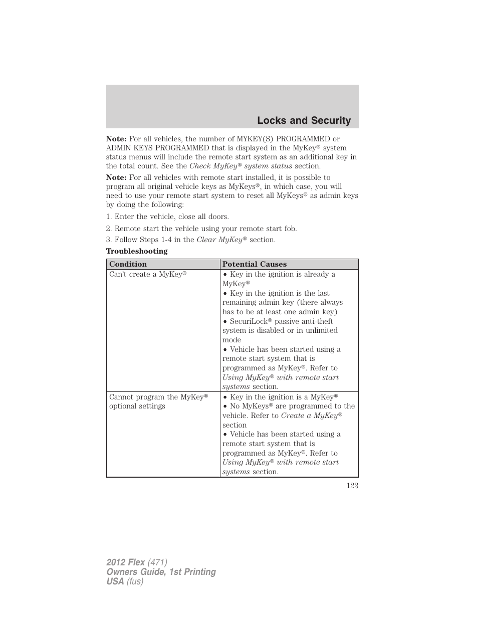 Locks and security | FORD 2012 Flex v.1 User Manual | Page 123 / 405