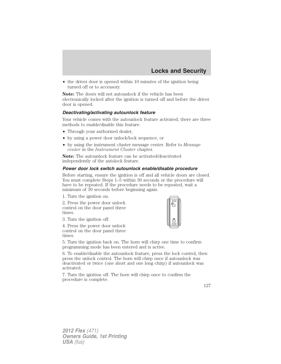 Deactivating/activating autounlock feature, Locks and security | FORD 2012 Flex v.1 User Manual | Page 127 / 405