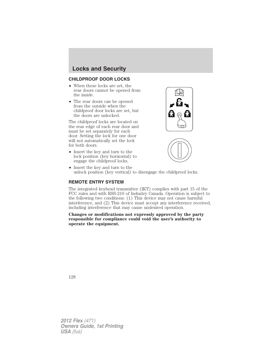 Childproof door locks, Remote entry system, Locks and security | FORD 2012 Flex v.1 User Manual | Page 128 / 405