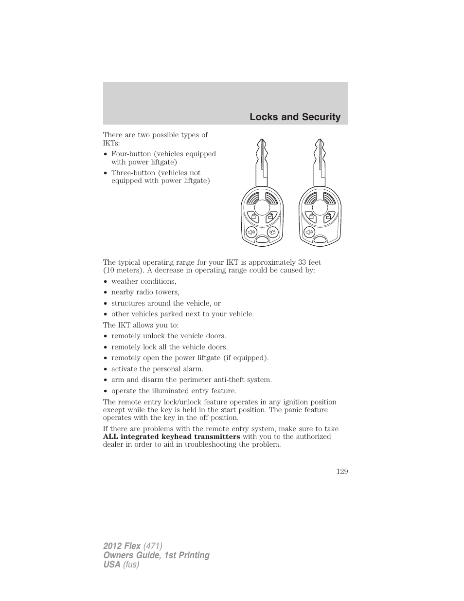 Locks and security | FORD 2012 Flex v.1 User Manual | Page 129 / 405