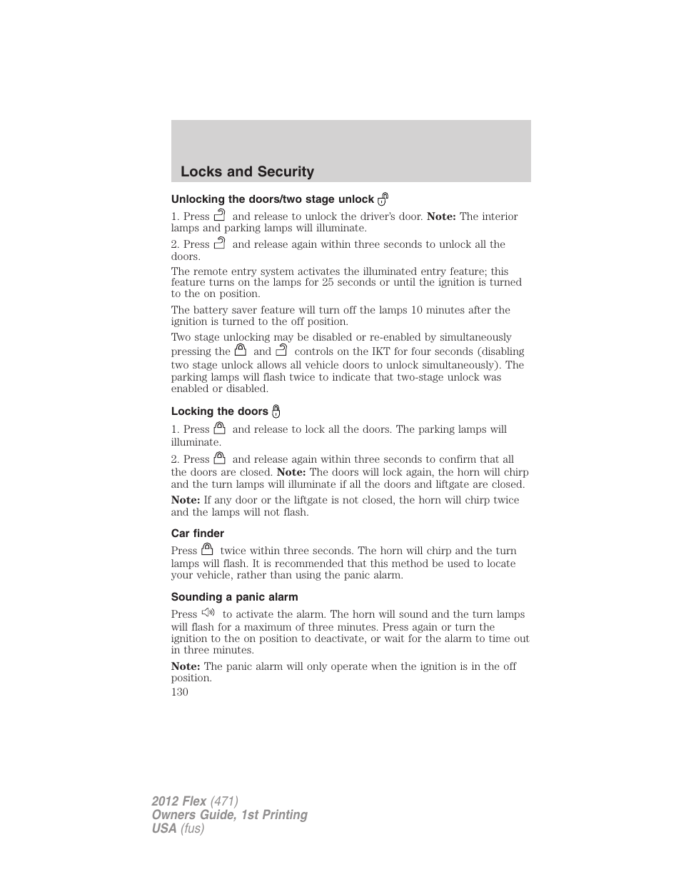 Unlocking the doors/two stage unlock, Locking the doors, Car finder | Sounding a panic alarm, Locks and security | FORD 2012 Flex v.1 User Manual | Page 130 / 405