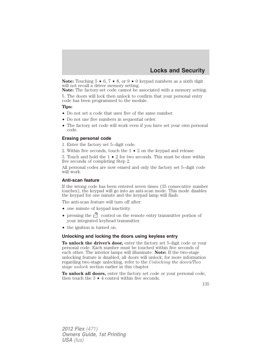 Erasing personal code, Anti-scan feature, Locks and security | FORD 2012 Flex v.1 User Manual | Page 135 / 405