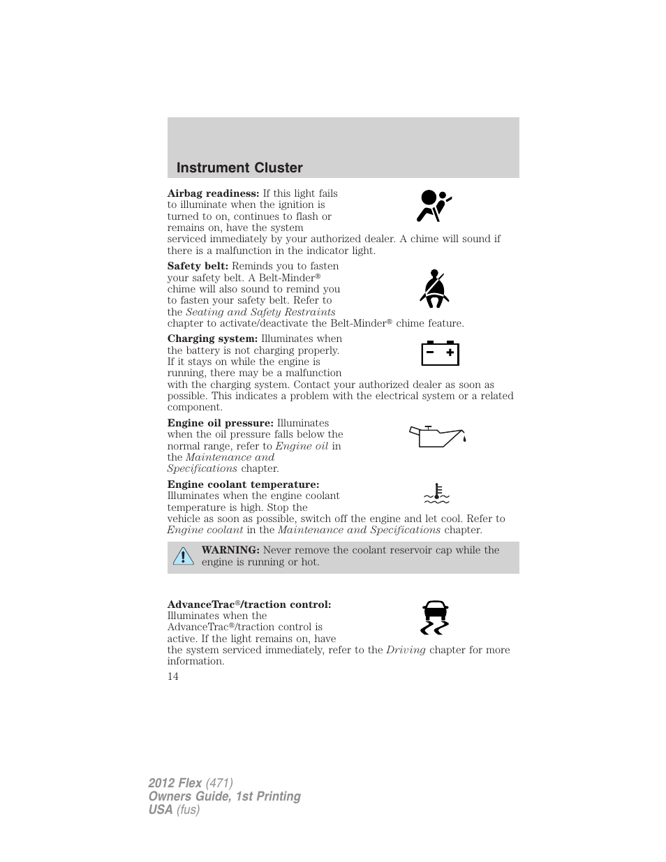 Instrument cluster | FORD 2012 Flex v.1 User Manual | Page 14 / 405