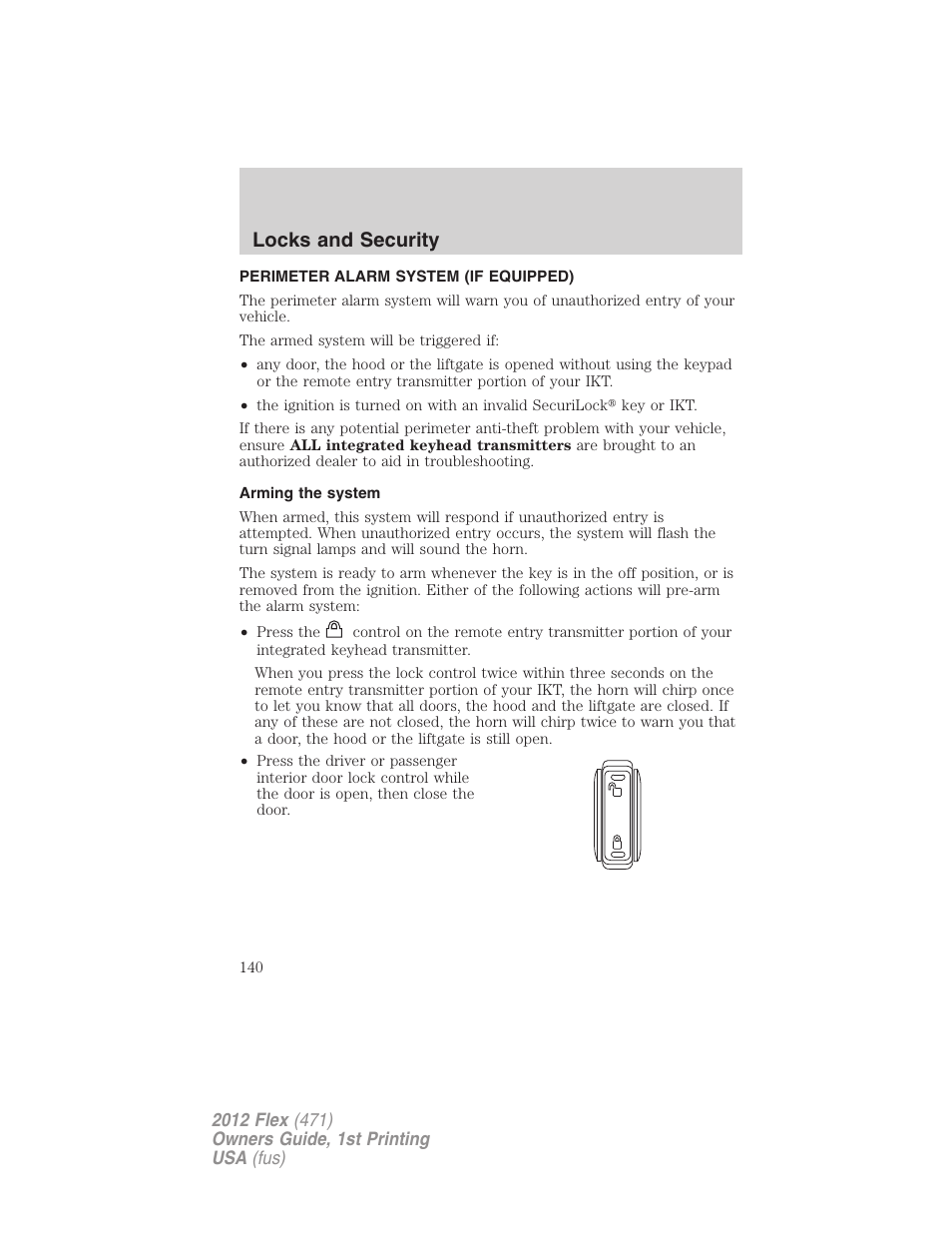 Perimeter alarm system (if equipped), Arming the system, Locks and security | FORD 2012 Flex v.1 User Manual | Page 140 / 405