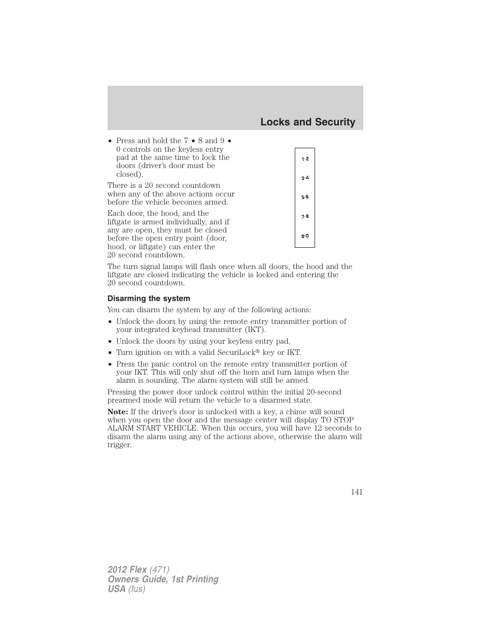 Disarming the system, Locks and security | FORD 2012 Flex v.1 User Manual | Page 141 / 405