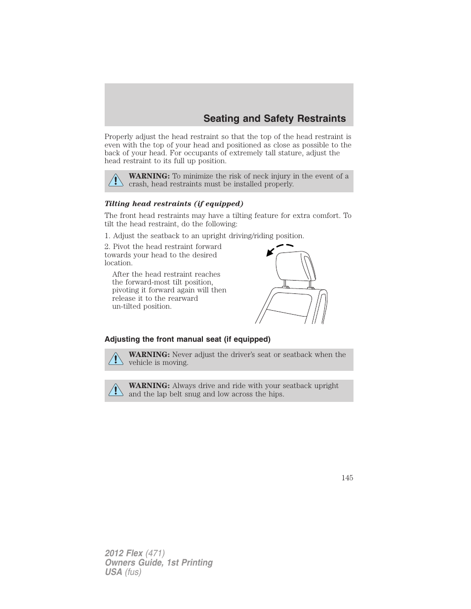 Adjusting the front manual seat (if equipped), Seating and safety restraints | FORD 2012 Flex v.1 User Manual | Page 145 / 405