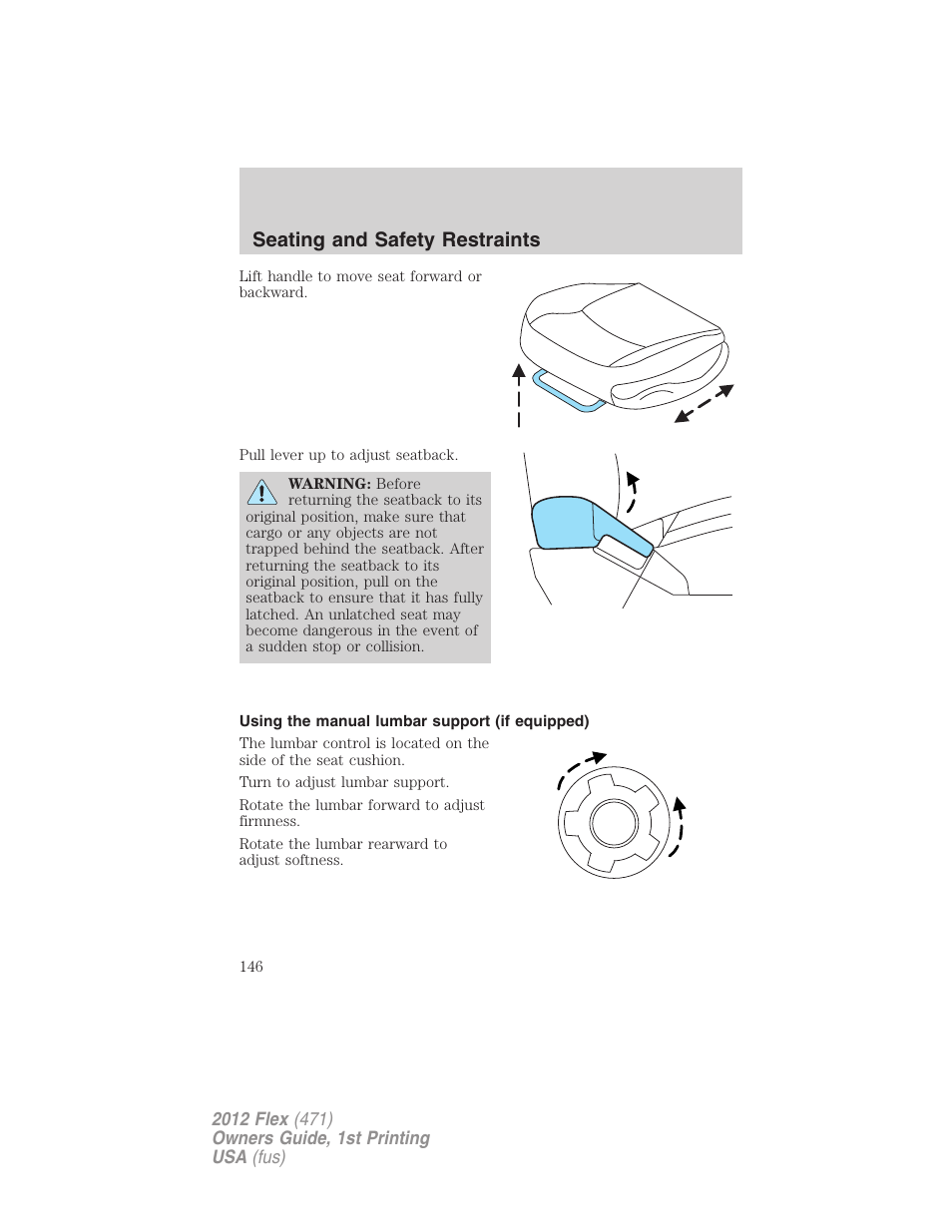 Using the manual lumbar support (if equipped), Seating and safety restraints | FORD 2012 Flex v.1 User Manual | Page 146 / 405