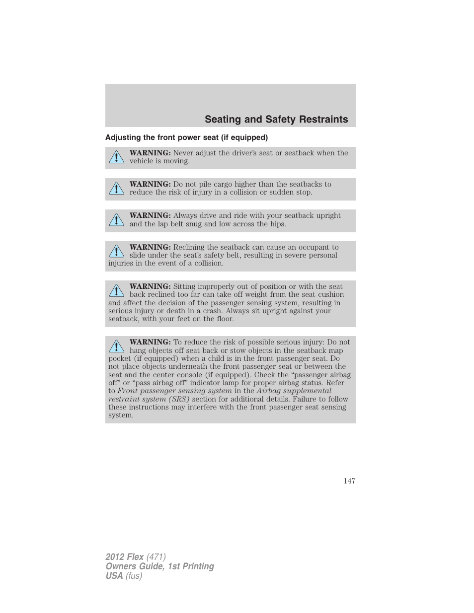 Adjusting the front power seat (if equipped), Seating and safety restraints | FORD 2012 Flex v.1 User Manual | Page 147 / 405