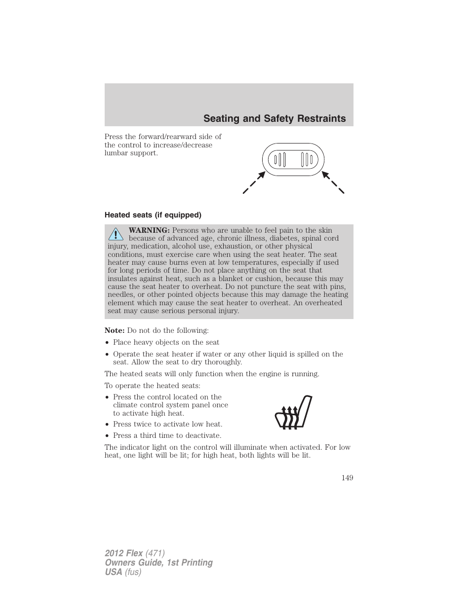 Heated seats (if equipped), Seating and safety restraints | FORD 2012 Flex v.1 User Manual | Page 149 / 405