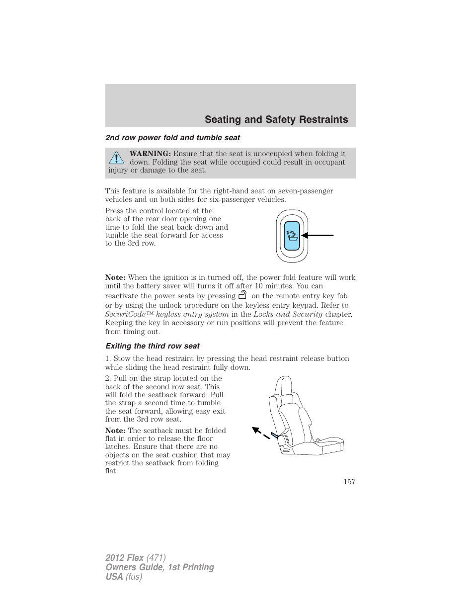 2nd row power fold and tumble seat, Exiting the third row seat, Seating and safety restraints | FORD 2012 Flex v.1 User Manual | Page 157 / 405