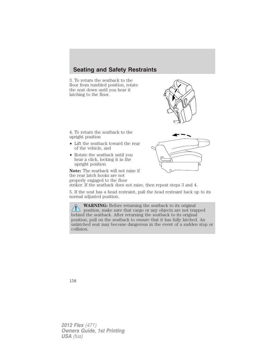 Seating and safety restraints | FORD 2012 Flex v.1 User Manual | Page 158 / 405