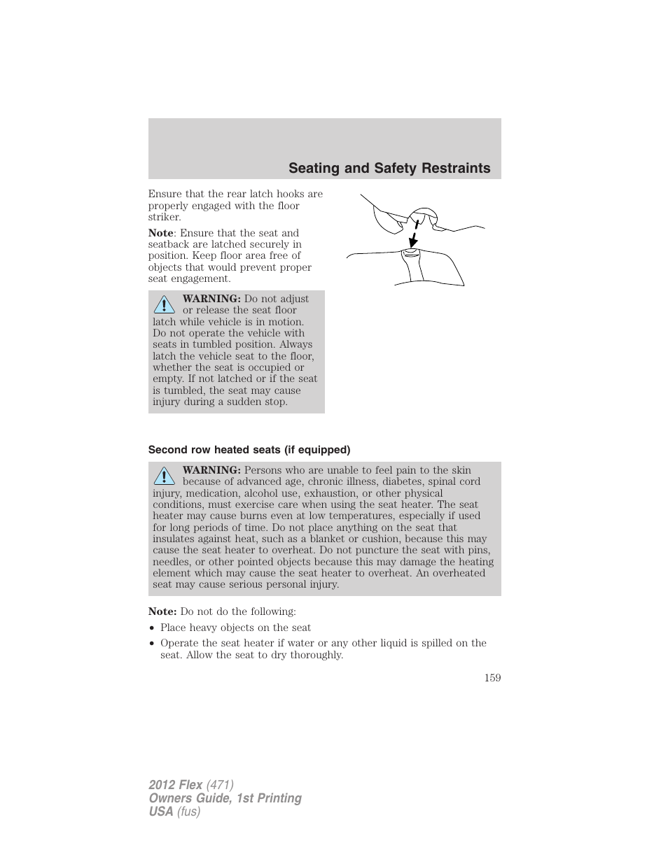 Second row heated seats (if equipped), Seating and safety restraints | FORD 2012 Flex v.1 User Manual | Page 159 / 405